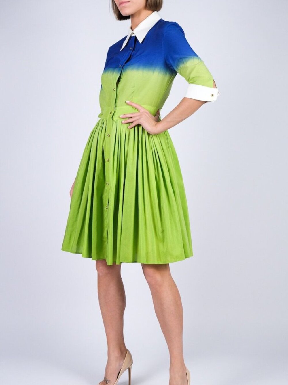 Moschino Cheap and Chic Blue Green Cotton Silk Pleated Shirt Dress